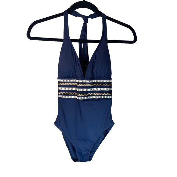 Michael Kors Halter One Piece Swimsuit - Chain Print‎ Border Navy Size 6 NWT - Picture 3 of 16